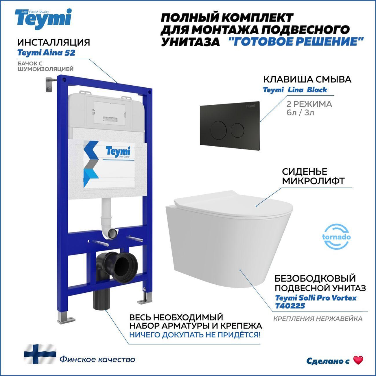 Комплекты для монтажа унитаза Teymi Solli Pro Vortex кнопка черная F16311 фото