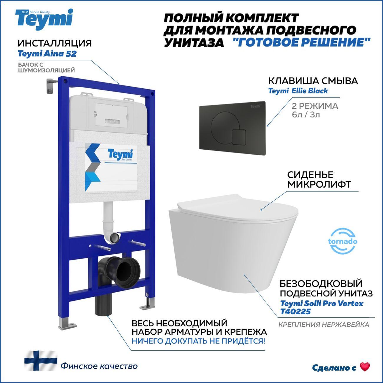Комплекты для монтажа унитаза Teymi Solli Pro Vortex кнопка черная F16324 фото