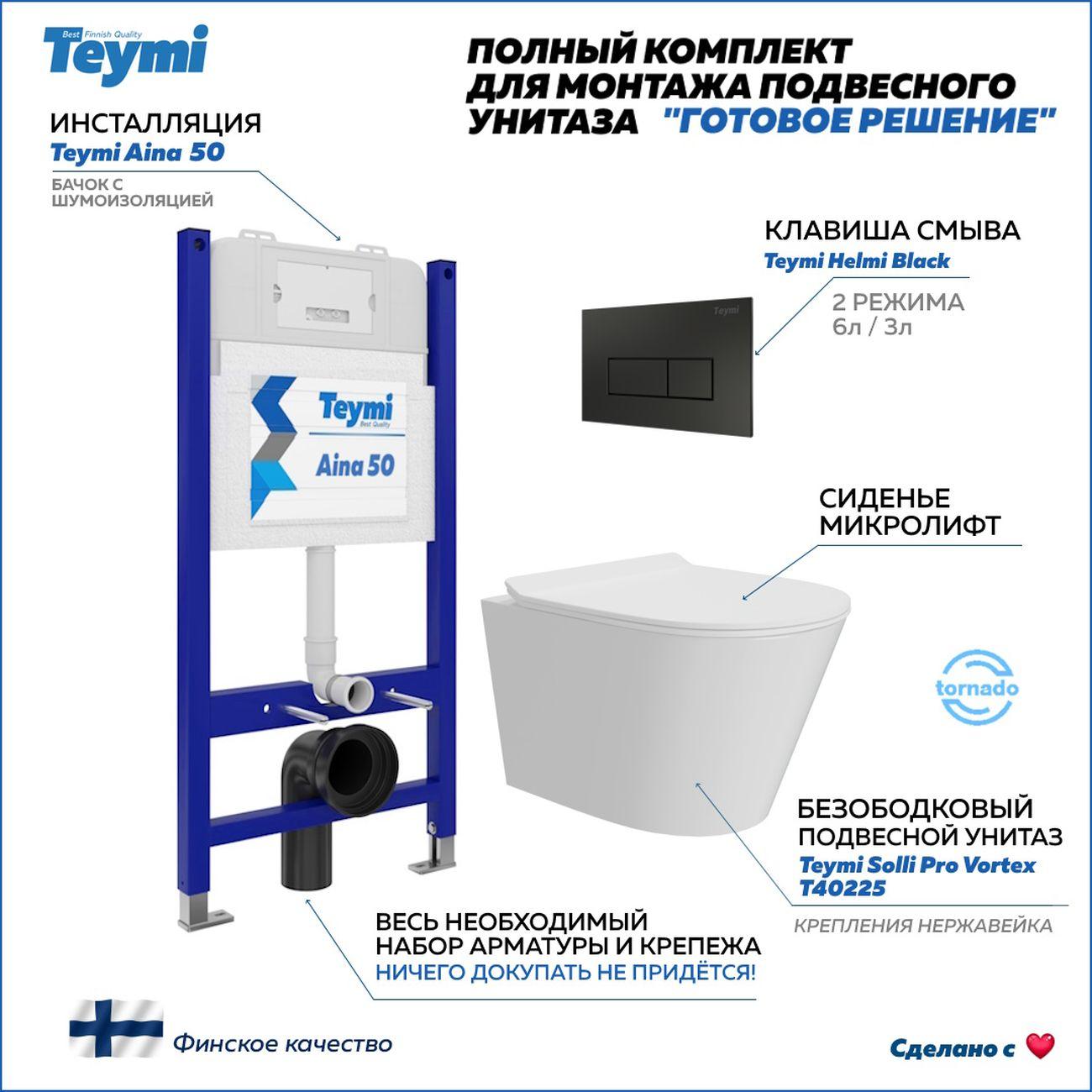 Комплекты для монтажа унитаза Teymi Solli Pro Vortex кнопка черная F16327 фото