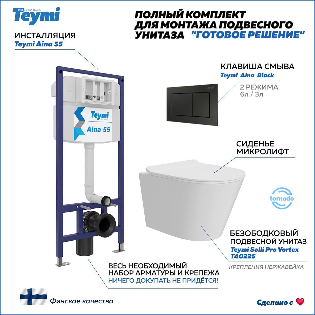 Комплекты для монтажа унитаза Teymi Solli Pro Vortex кнопка черная F16361 фото