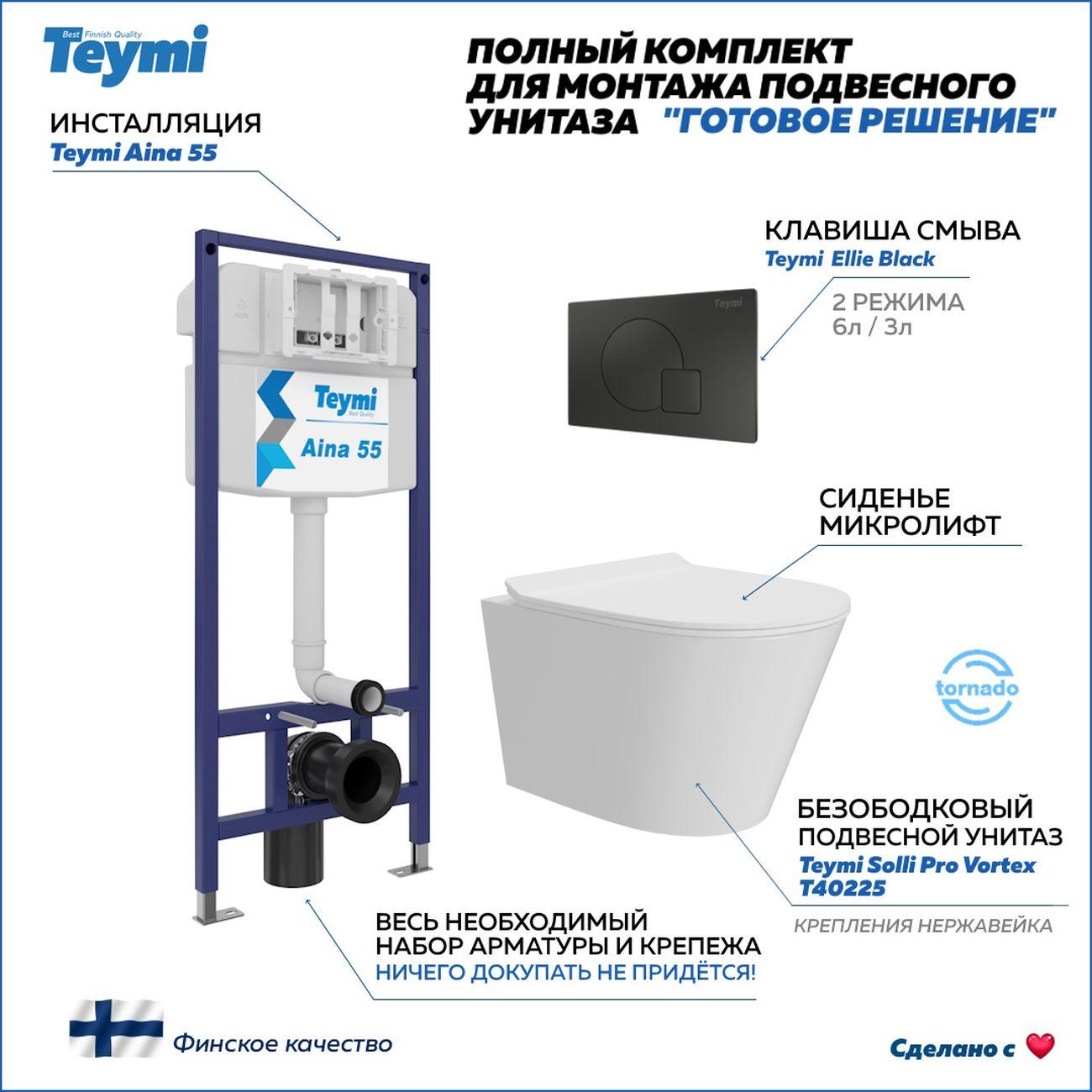 Комплекты для монтажа унитаза Teymi Solli Pro Vortex кнопка черная F16368 фото