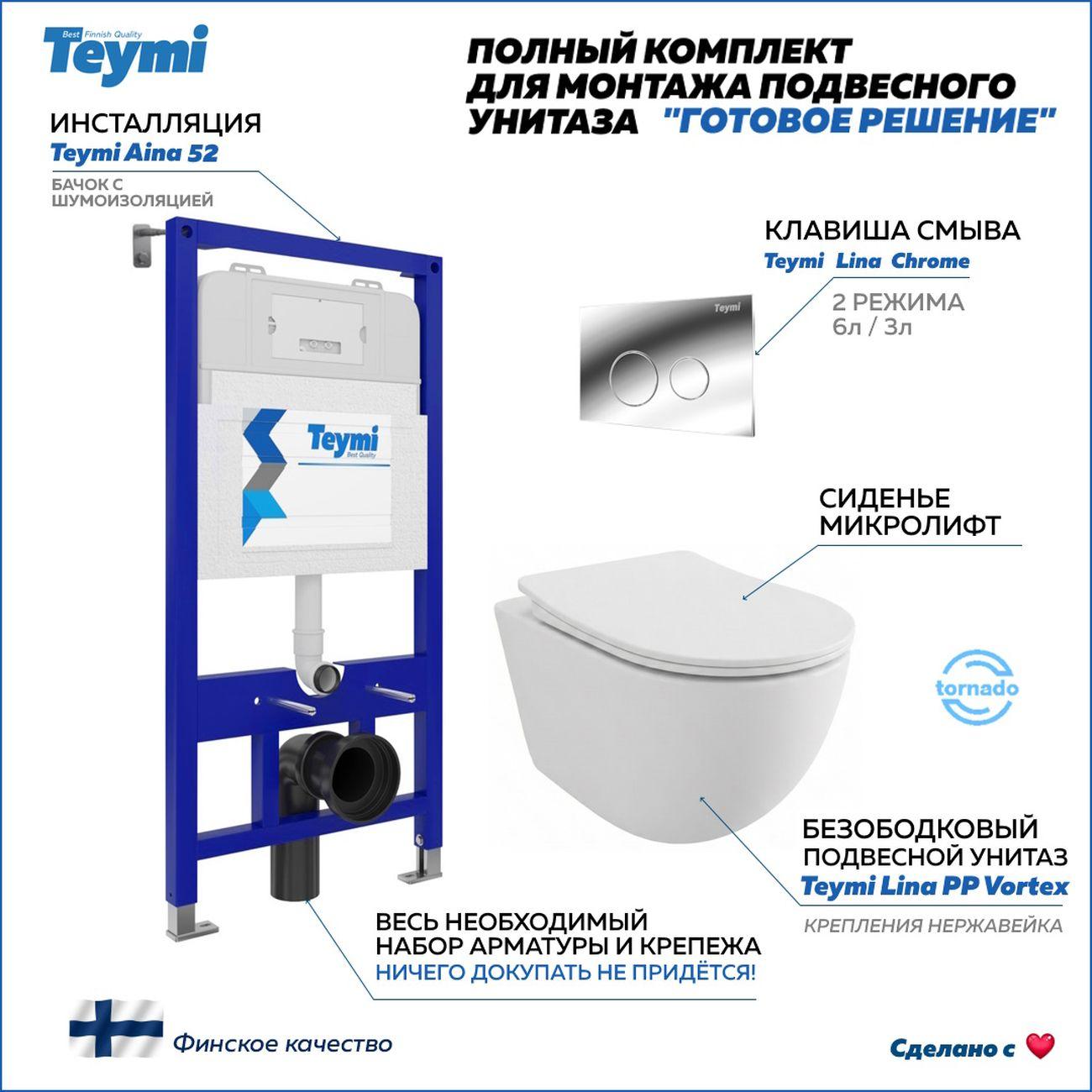 Комплекты для монтажа унитаза Teymi Lina PP Vortex кнопка хром F16454