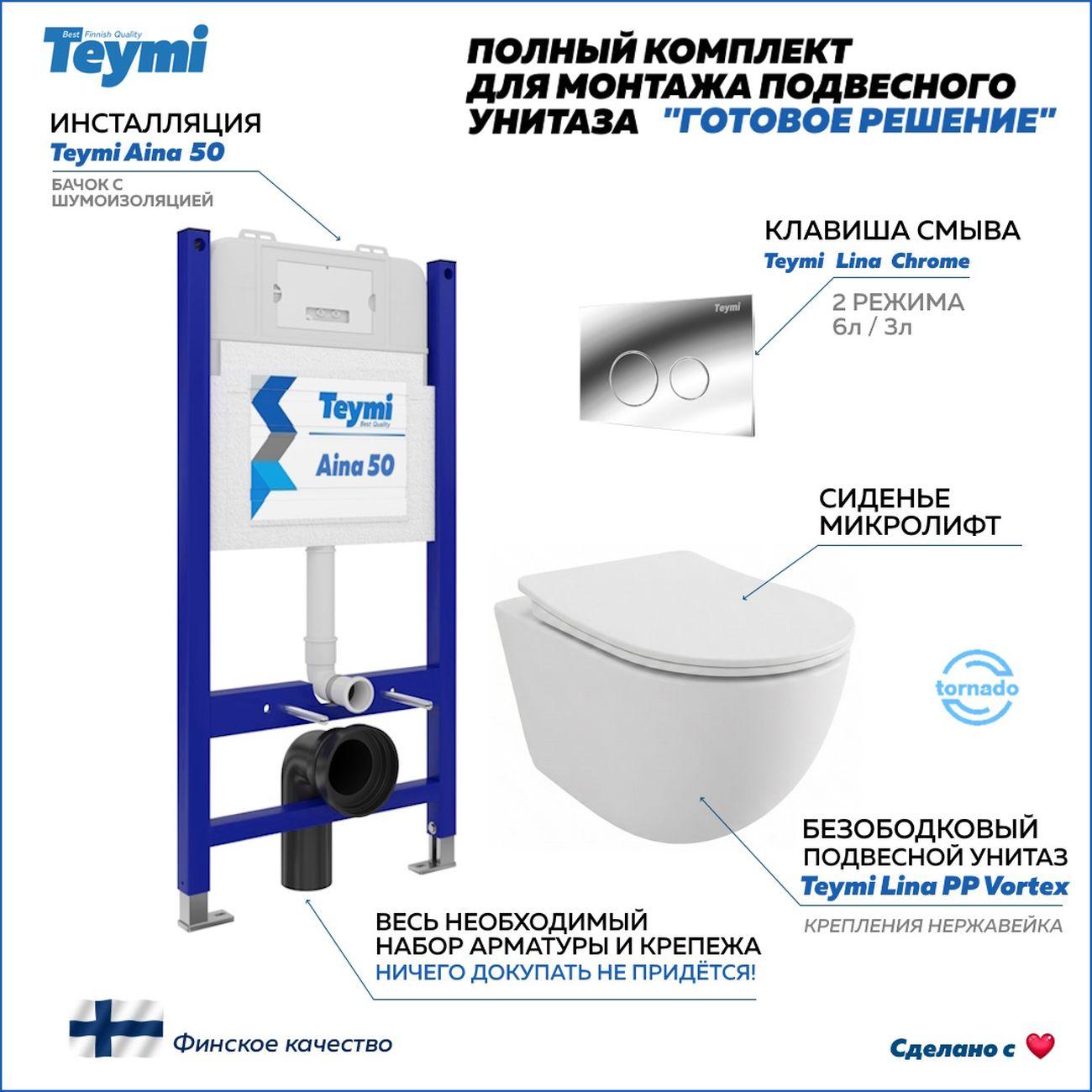 Комплекты для монтажа унитаза Teymi Lina PP Vortex кнопка хром F16478