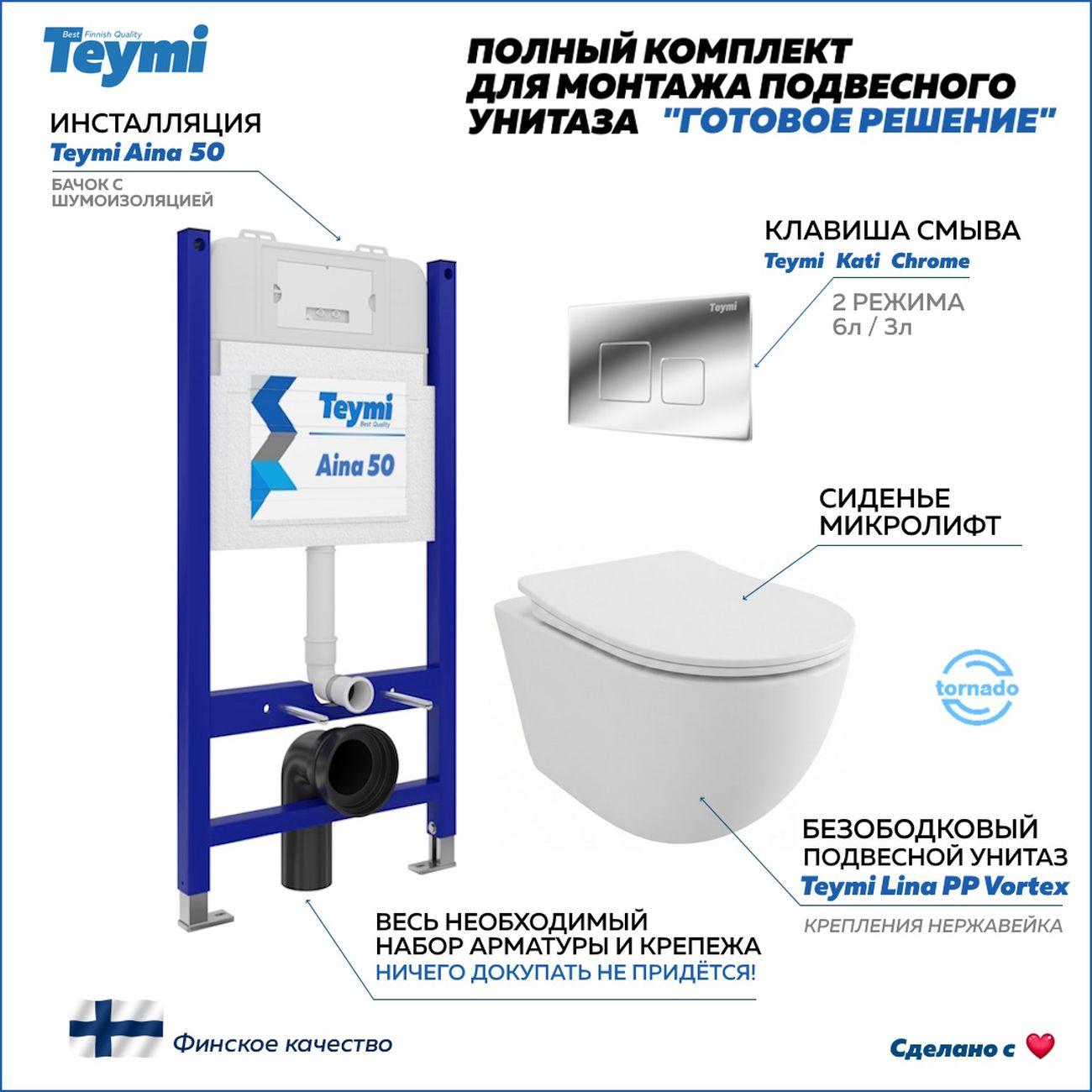 Комплекты для монтажа унитаза Teymi Lina PP Vortex кнопка хром F16488