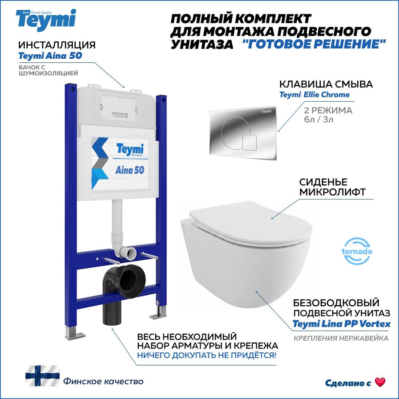 Комплекты для монтажа унитаза Teymi Lina PP Vortex кнопка хром F16491