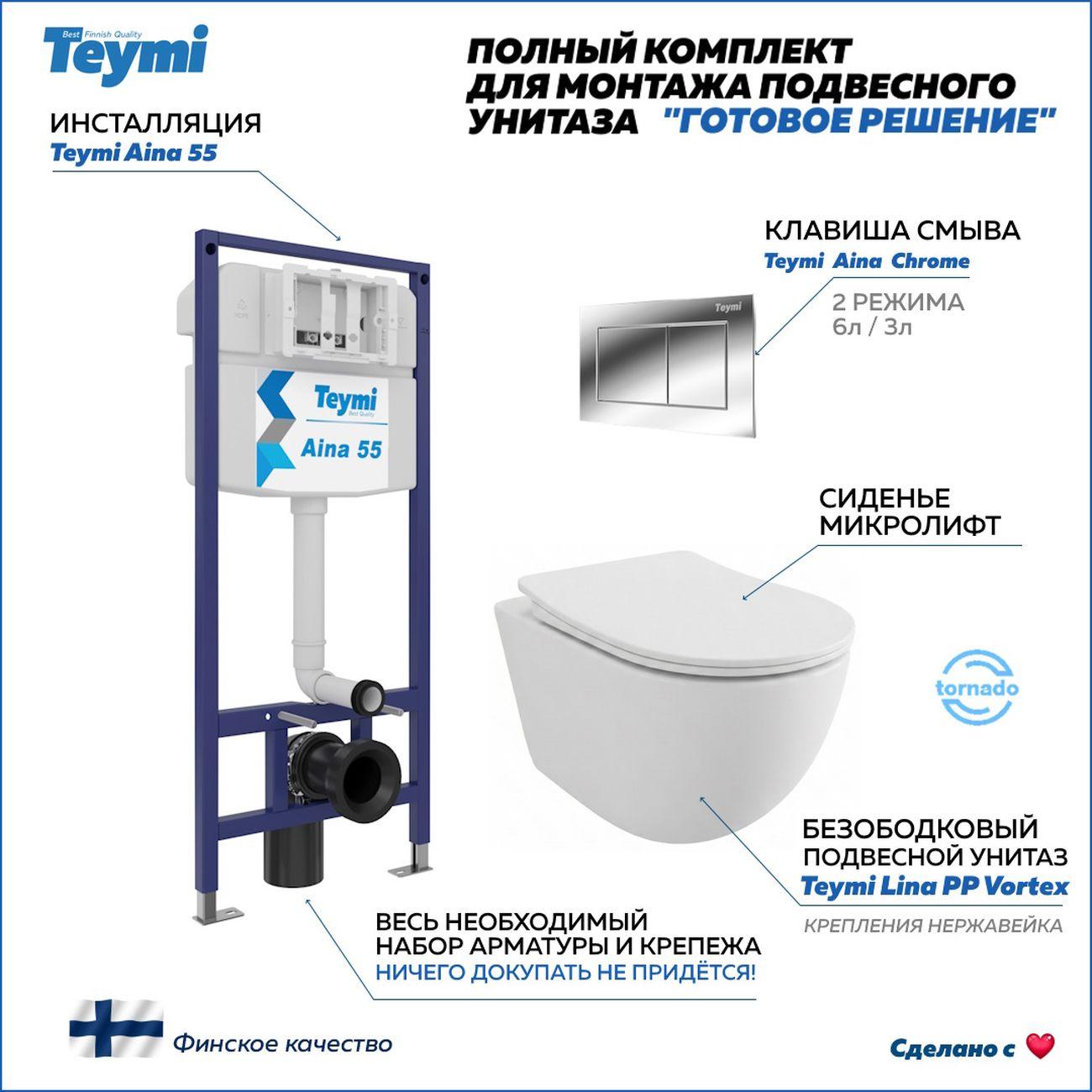 Комплекты для монтажа унитаза Teymi Lina PP Vortex кнопка хром F16508