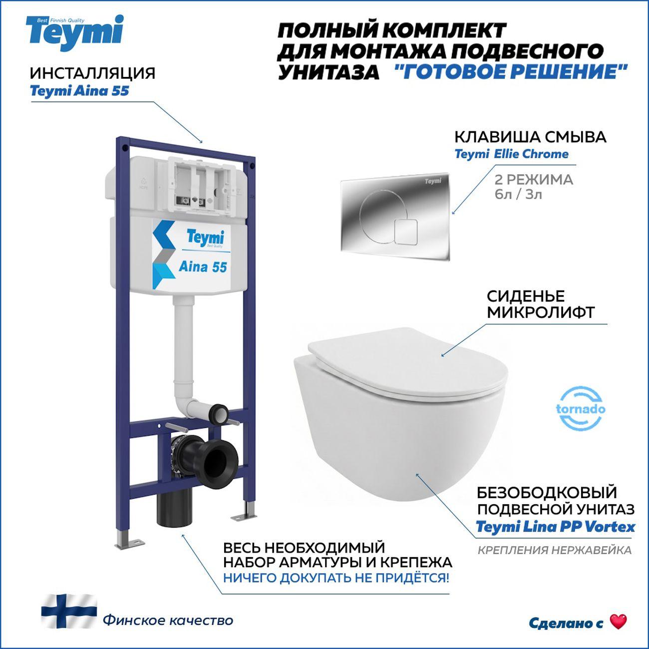 Комплекты для монтажа унитаза Teymi Lina PP Vortex кнопка хром F16515