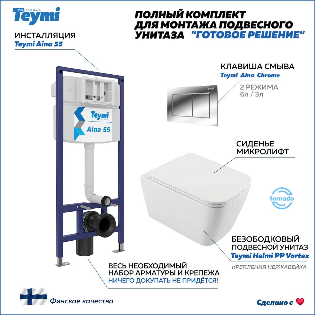 Комплекты для монтажа унитаза Teymi Helmi PP Vortex кнопка хром F16580