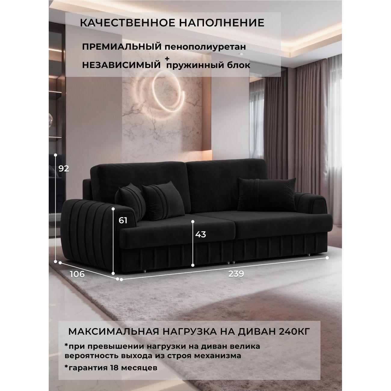 Диван Лига Диванов прямой Лига-057 НПБ велюр SEVEN 35 черный