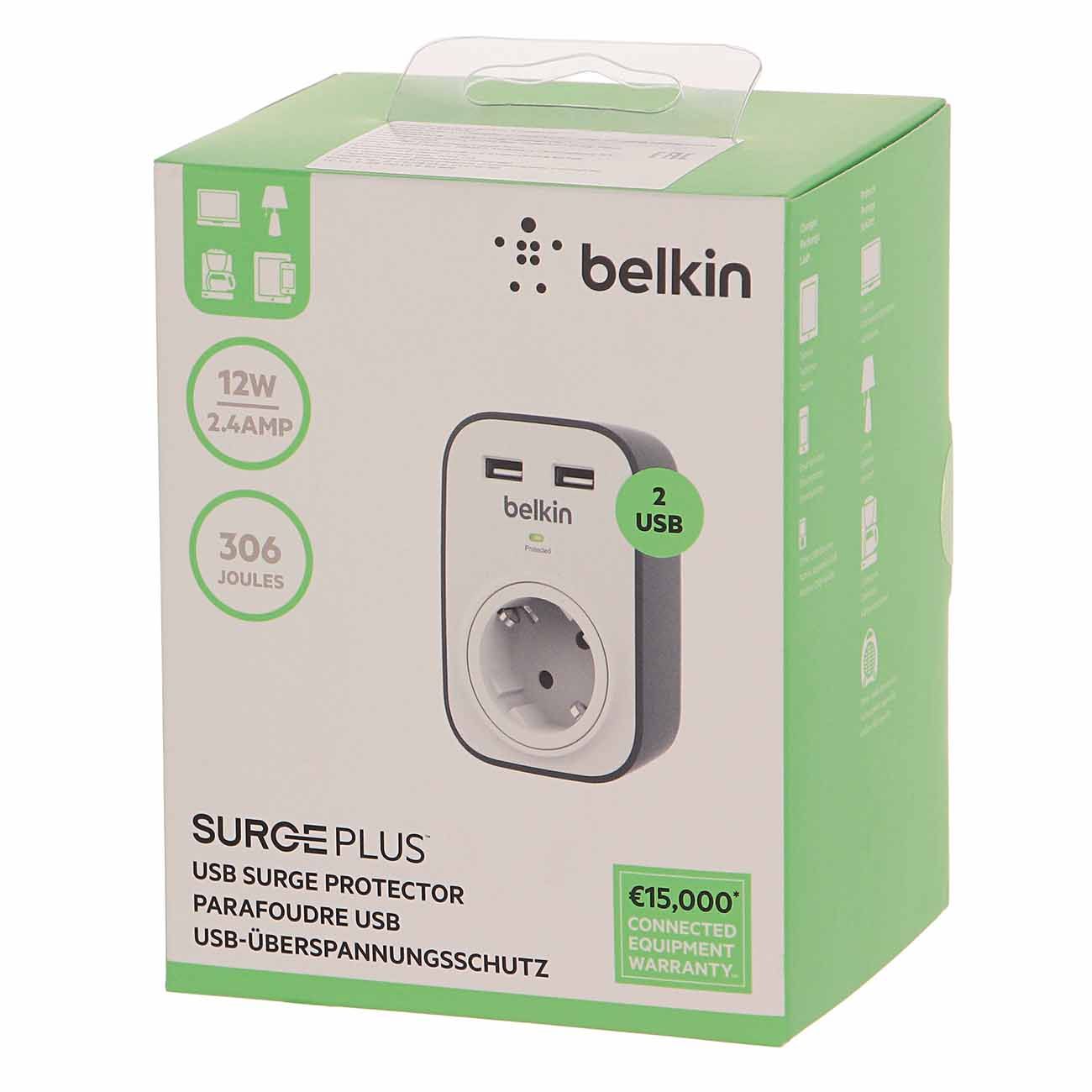 Сетевой фильтр Belkin 1 розетка/2xUSB, макс 306Дж (BSV103vf)