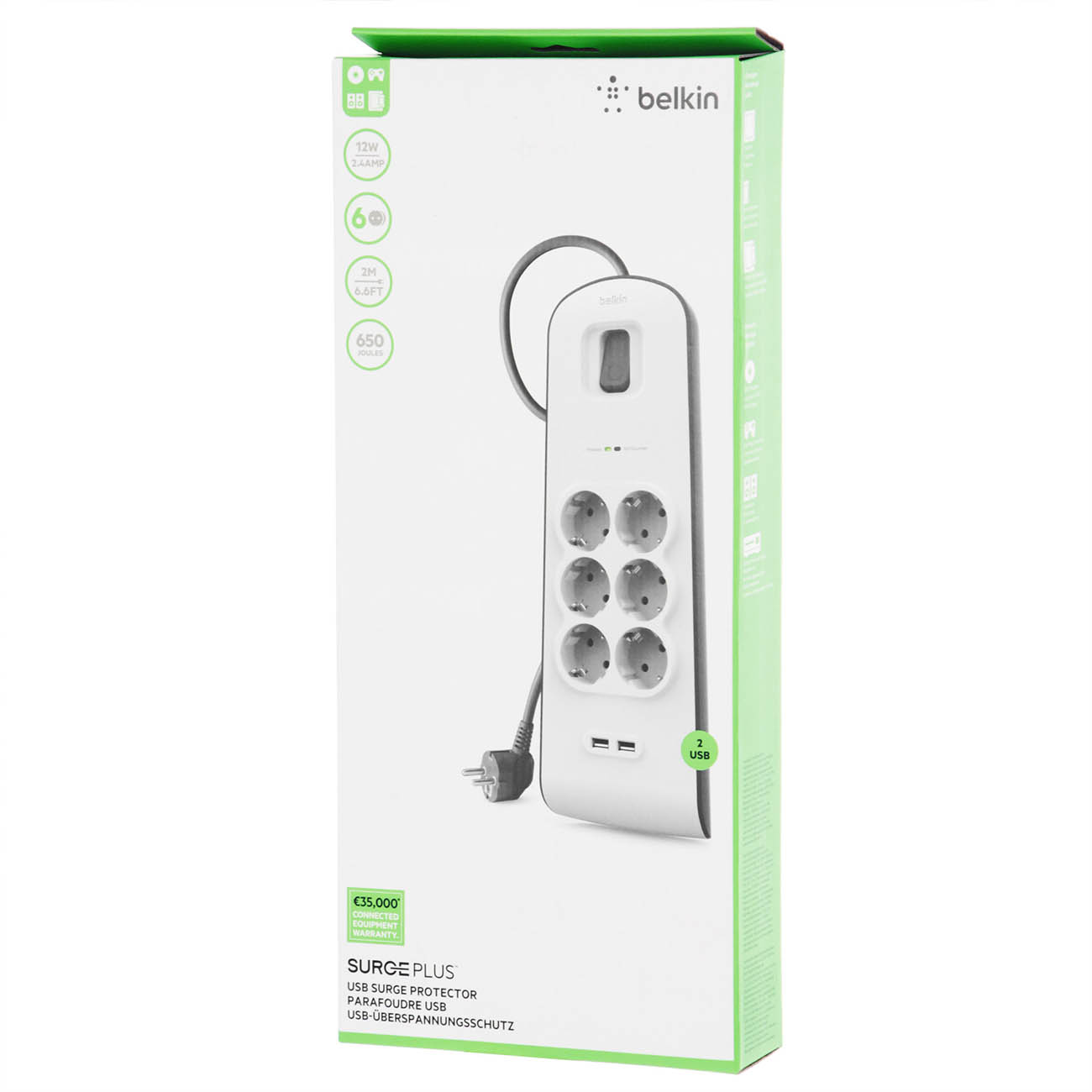 Сетевой фильтр Belkin 6 розеток/2xUSB, макс 650Дж 2м белый (BSV604vf2M)