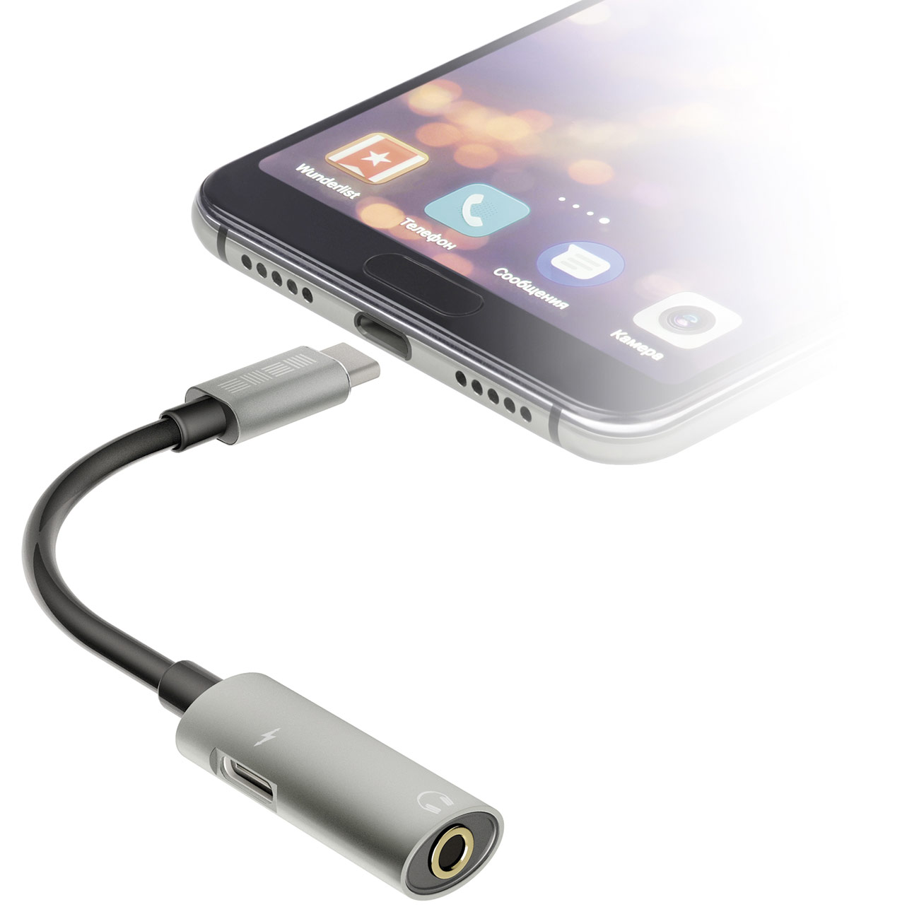 Переходник InterStep Type-C-AUX 3,5мм + Type-C для зарядки, серый фото