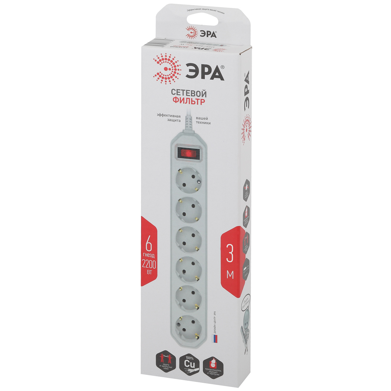 Сетевой фильтр ЭРА USF-6es-3m-W