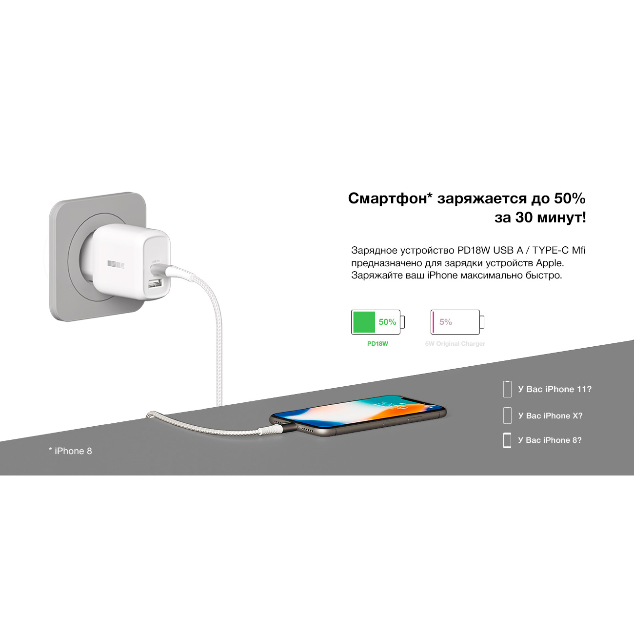 Сетевое зарядное устройство InterStep USB+TypeC(Быстр заряд 18Вт),каб 1,5м белый нейлон