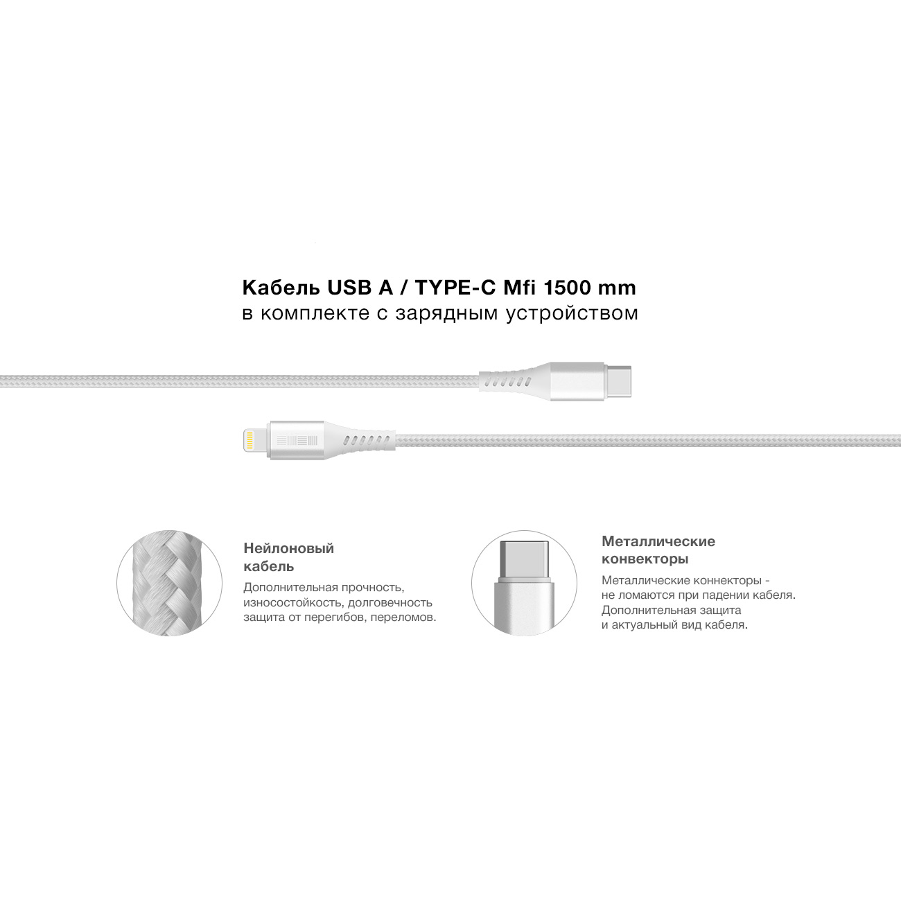 Сетевое зарядное устройство InterStep USB+TypeC(Быстр заряд 18Вт),каб 1,5м белый нейлон