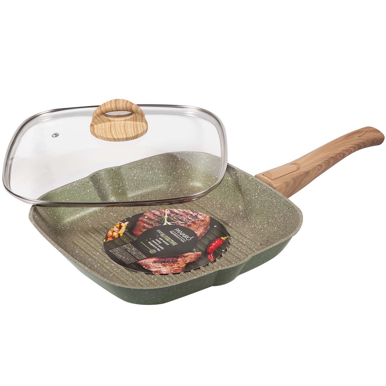 Сковорода гриль Panairo Oliverstone Max с крышкой 27x27см
