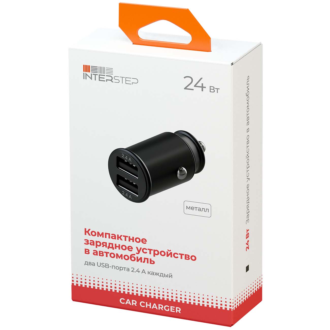 Автомобильное зарядное устройство InterStep Metal: 2*USB(2,4А+2,4А) 24W, Black