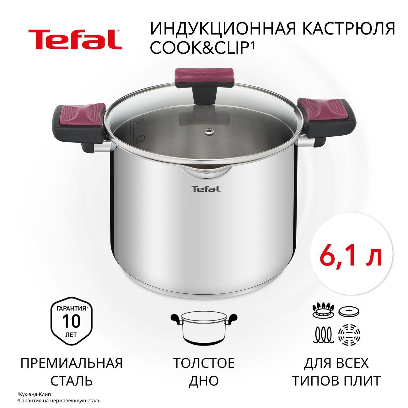 Кастрюля Tefal Cook&Clip 6.1л с крышкой (G7237974)