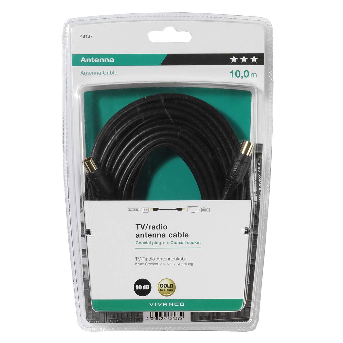 Кабель телевизионный Vivanco 10м Gold 48/20 100GB.штырь-гнездо, черный (48137)