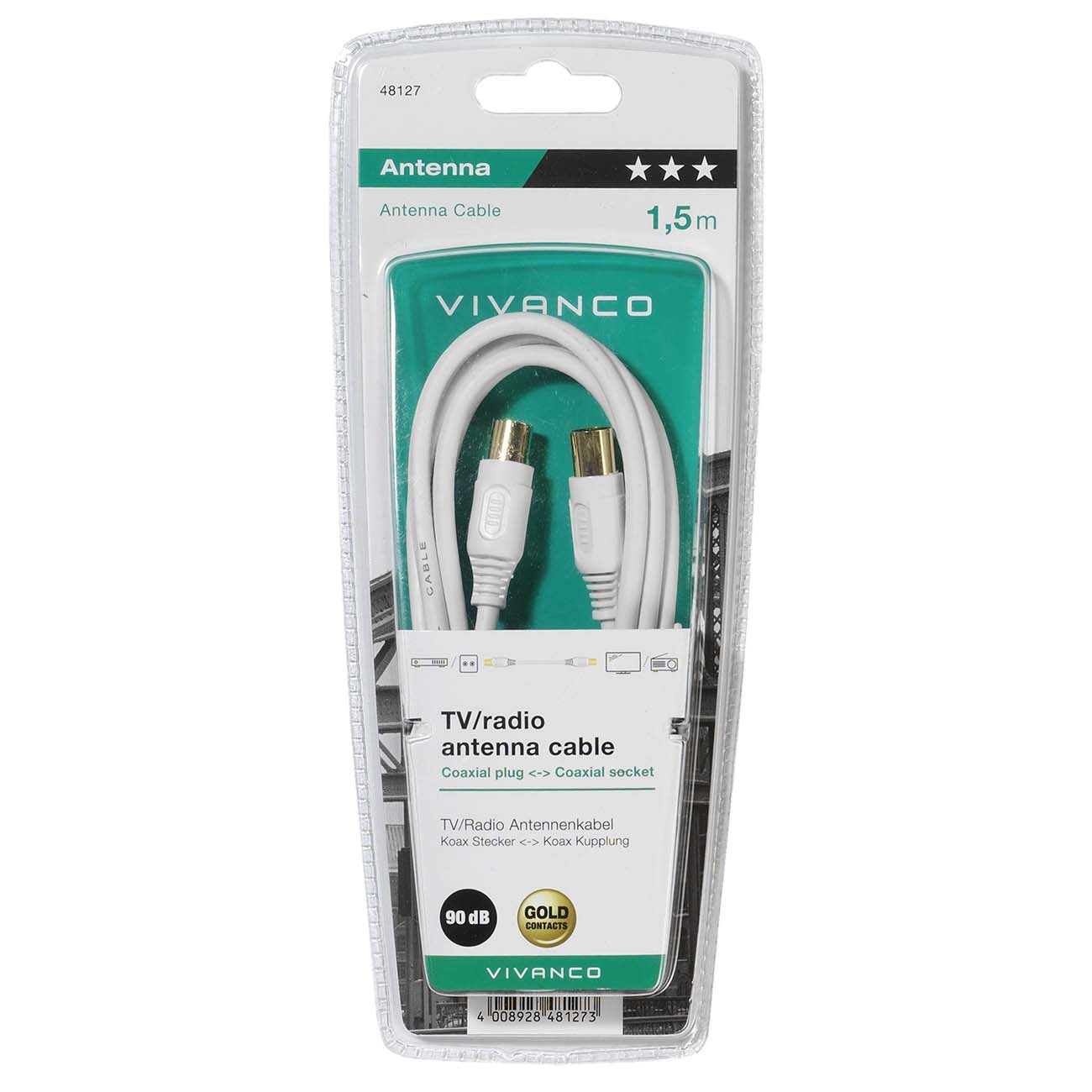 Кабель телевизионный Vivanco 1.5 м Gold 48/20 15GW.штырь-гнездо, белый (48127)