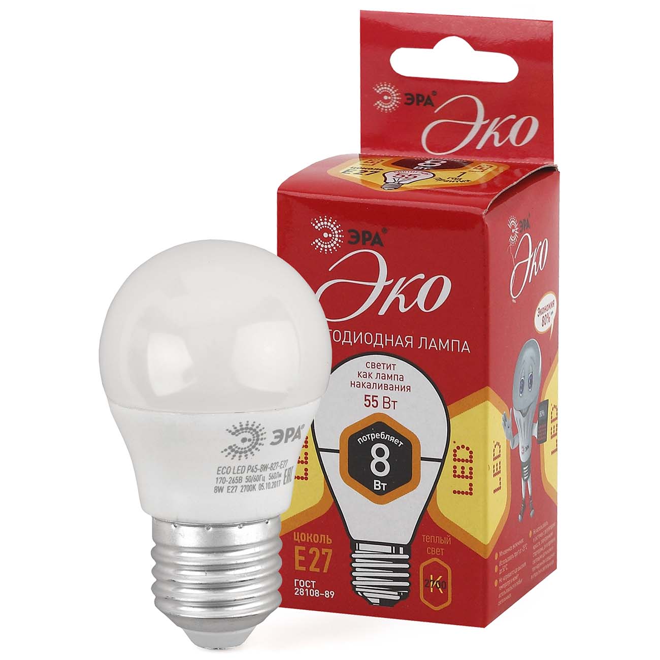 Лампа ЭРА ECO LED P45-8W-827-E27 фото
