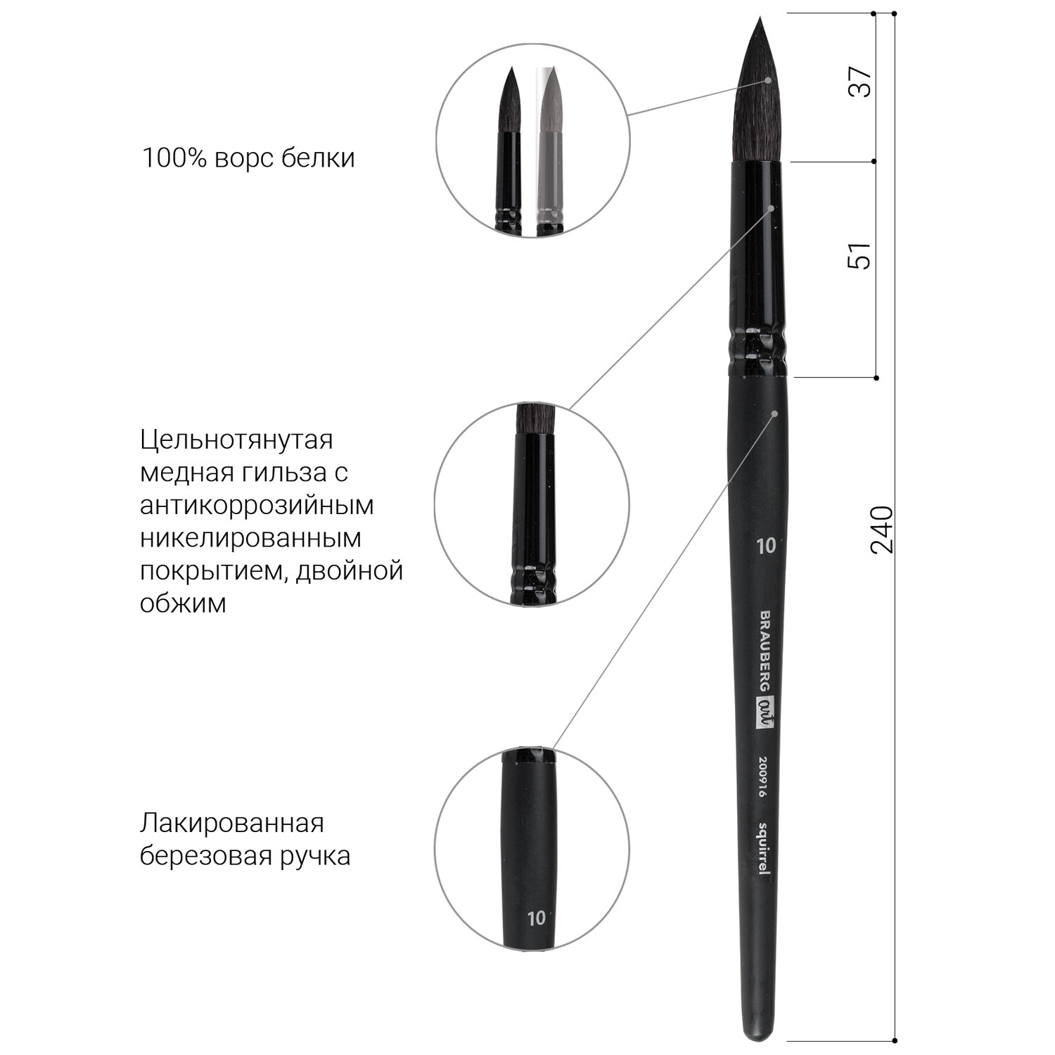 Кисть художественная натуральная Brauberg 200916 Art Classic, белка, круглая, № 10, к/р