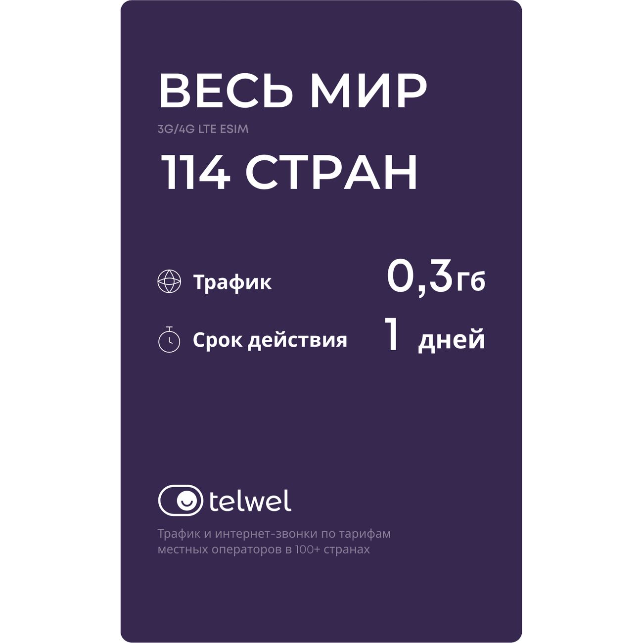 eSIM Telwel пакет Весь мир 114 стран 300Мб 1 день фото