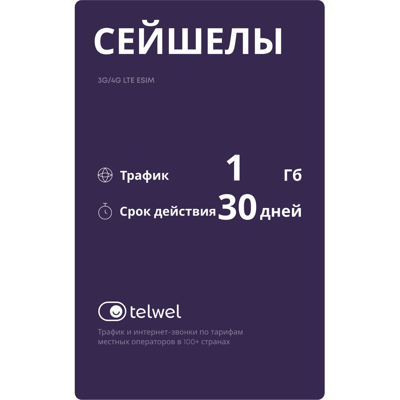 eSIM Telwel пакет Сейшелы 1Гб 30 дней