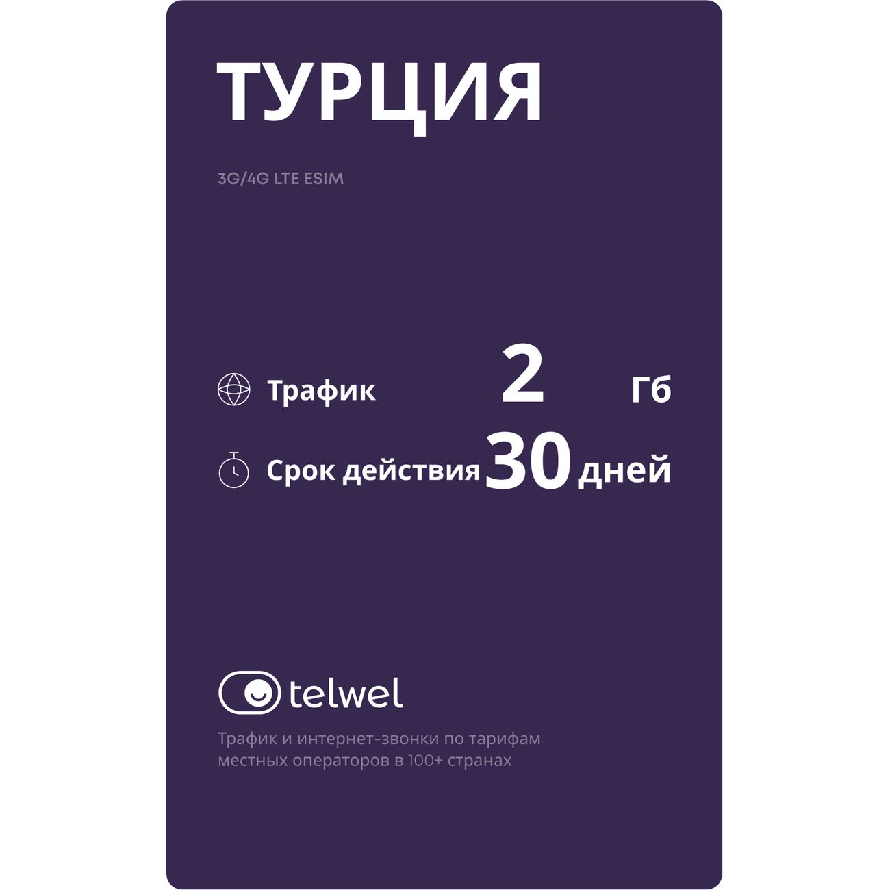 eSIM Telwel пакет Турция 2Гб 30 дней