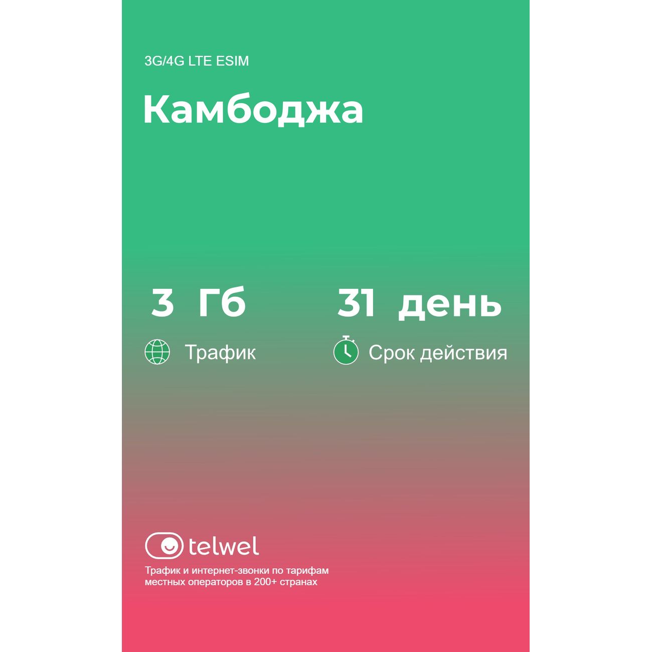 eSIM Telwel пакет Камбоджа 3Гб 31 день фото