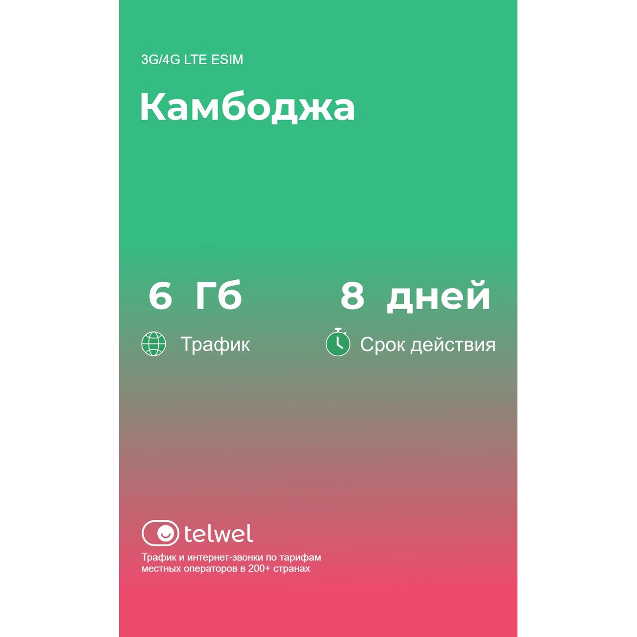 eSIM Telwel пакет Камбоджа 6Гб 8 дней