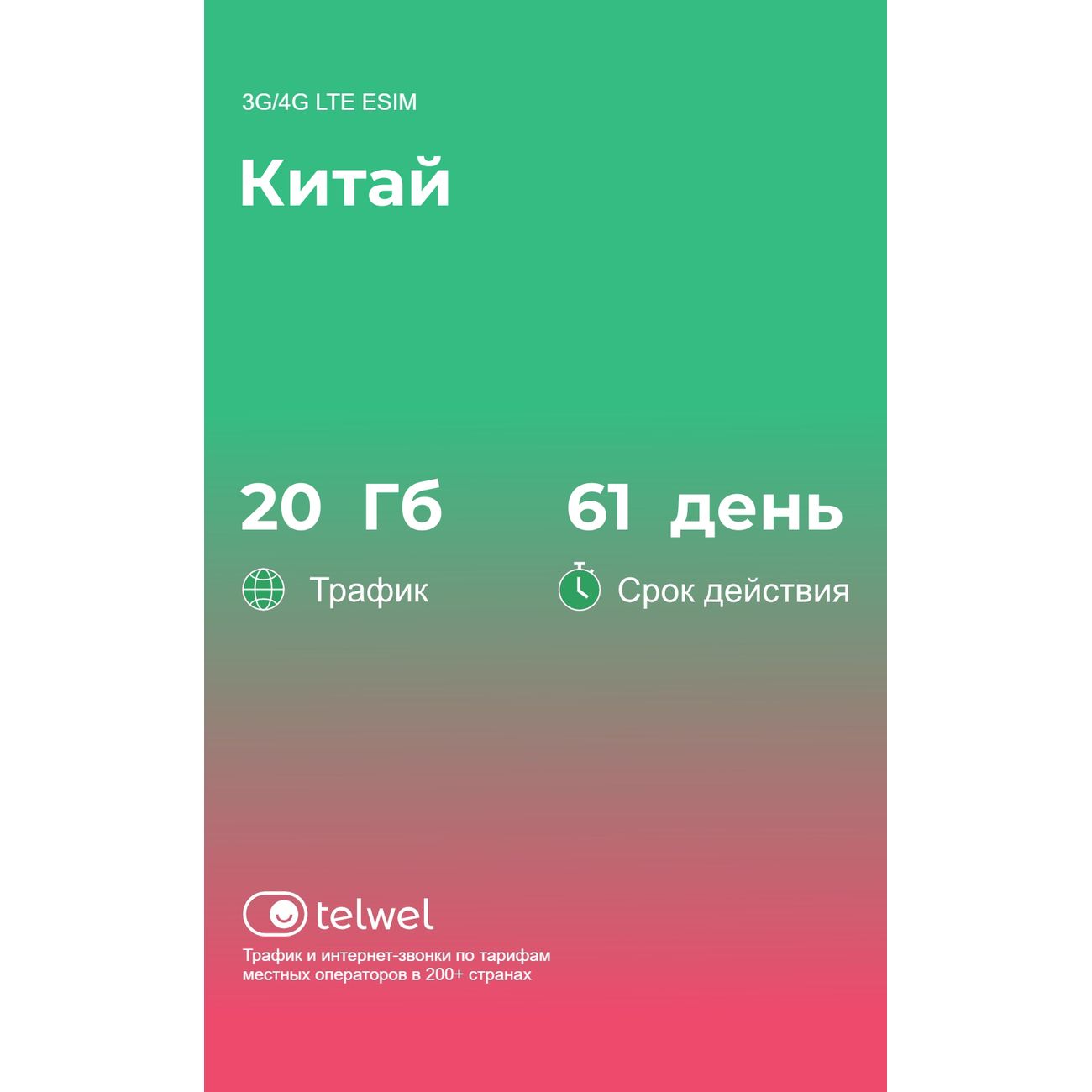 eSIM Telwel пакет Китай 20Гб 61д
