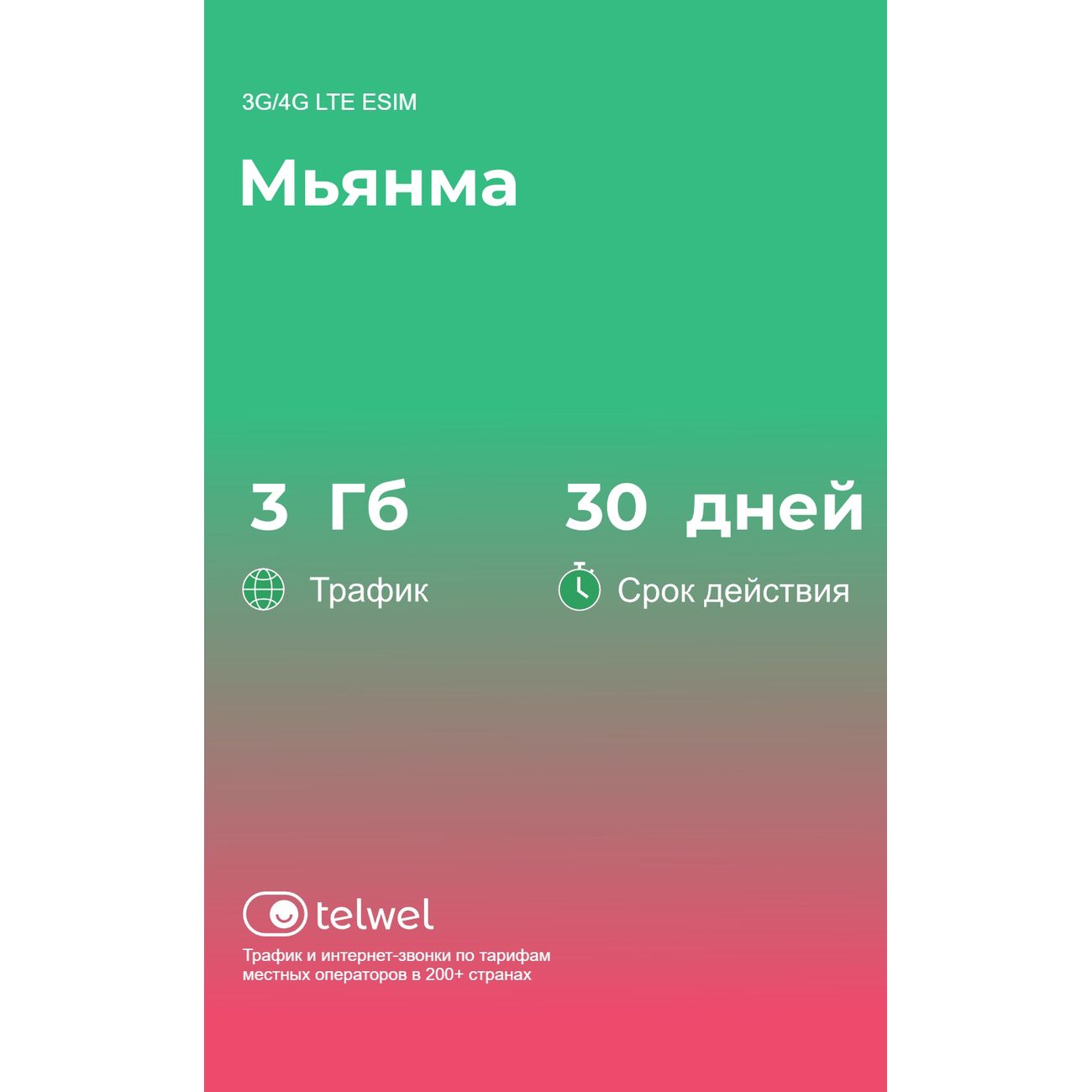 eSIM Telwel пакет Мьянма 3Гб 30 дней
