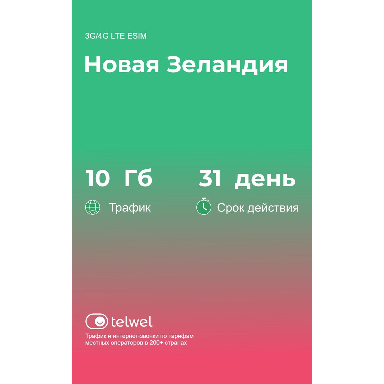 eSIM Telwel пакет Новая Зеландия 10Гб 31 день