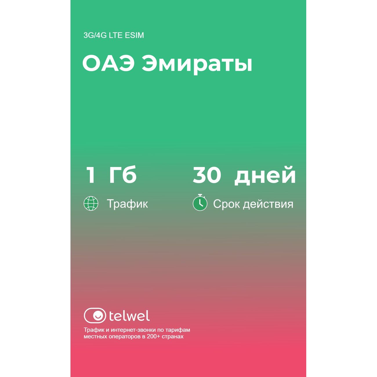 eSIM Telwel пакет ОАЭ Эмираты 1Гб 30 дней