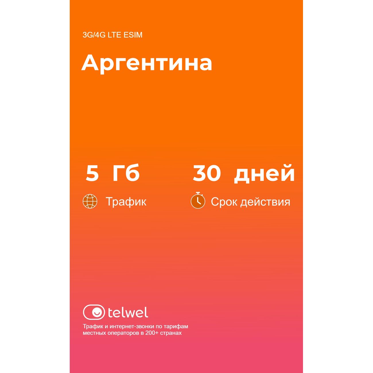 eSIM Telwel пакет Аргентина 5Гб 30 дней
