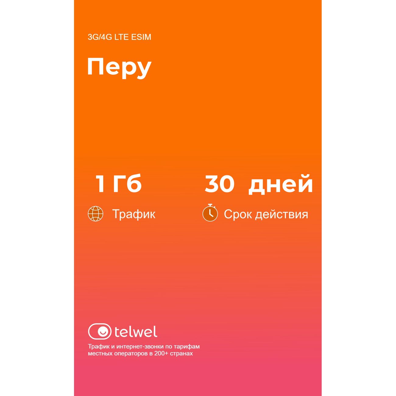 eSIM Telwel пакет Перу 1Гб 30 дней