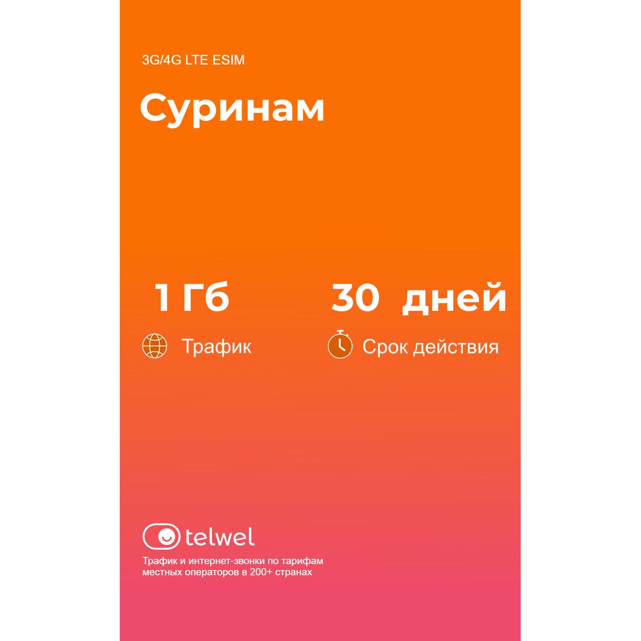 eSIM Telwel пакет Суринам 1Гб 30 дней