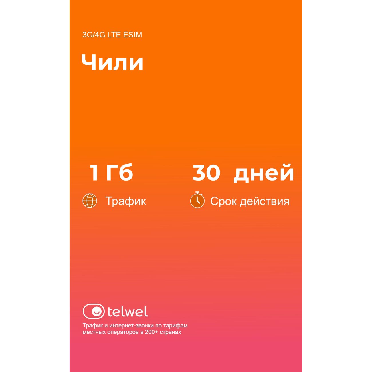 eSIM Telwel пакет Чили 1Гб 30 дней