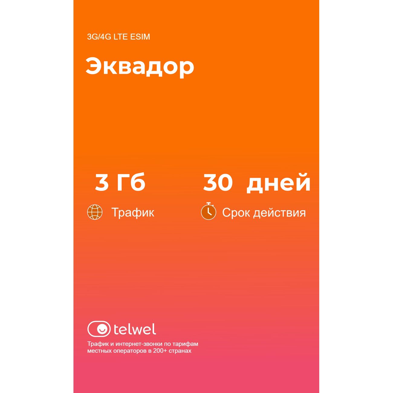 eSIM Telwel пакет Эквадор 3Гб 30 дней
