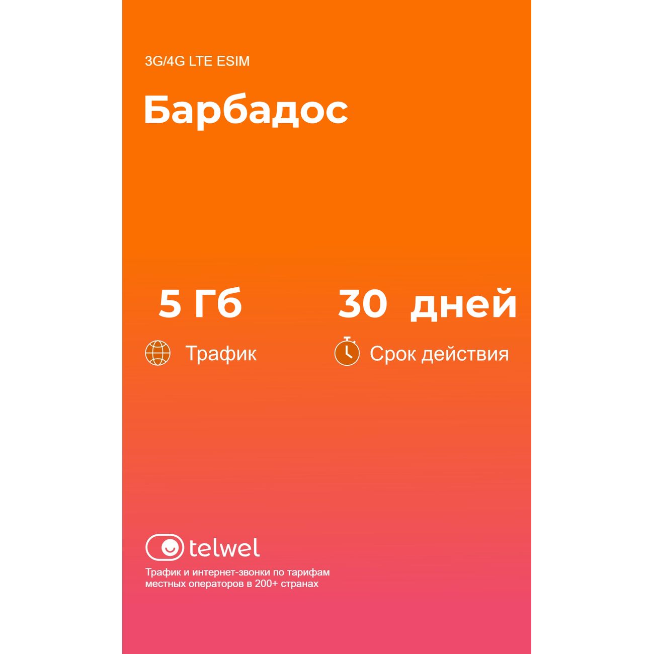 eSIM Telwel пакет Барбадос 5Гб 30 дней