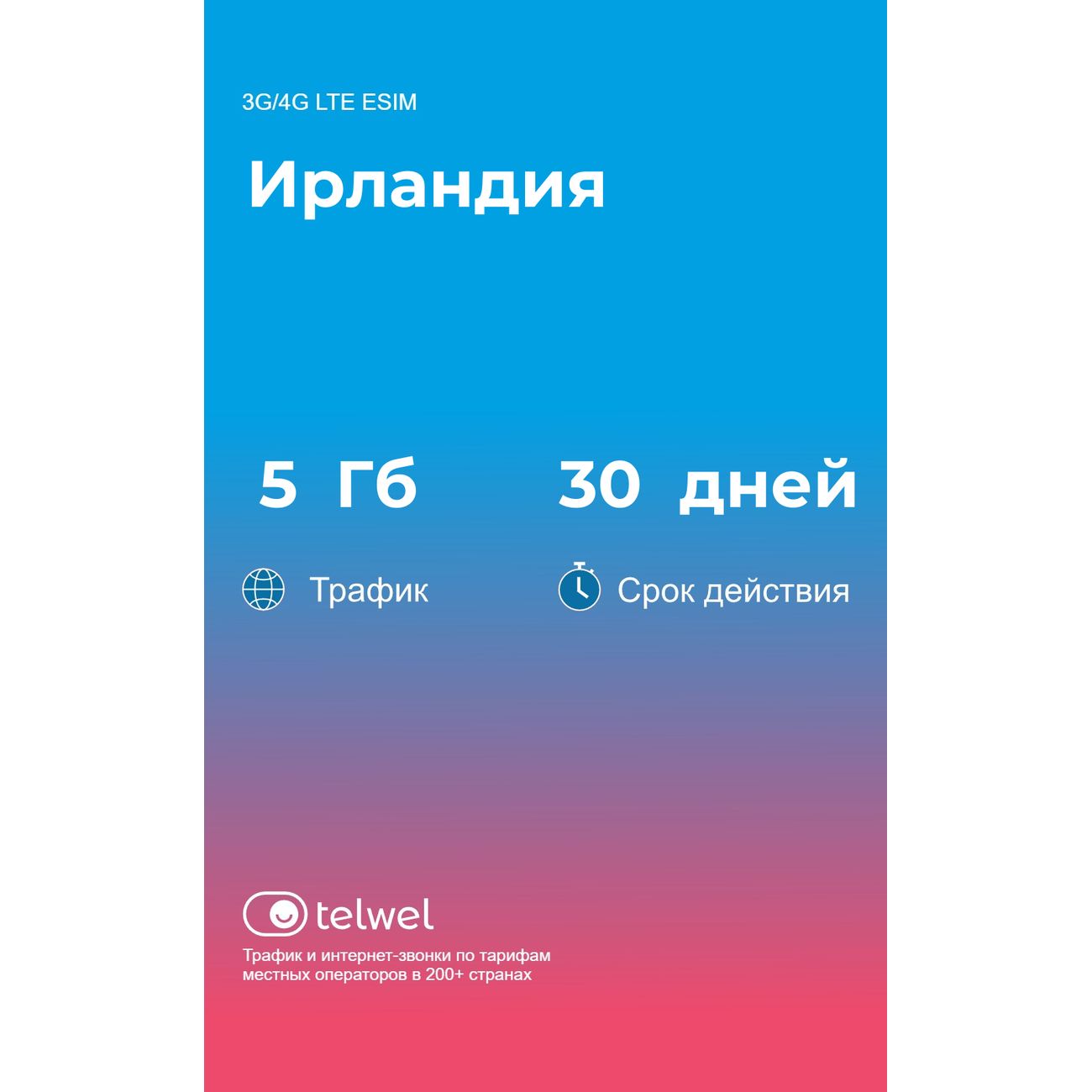 eSIM Telwel пакет Ирланидия 5Гб 30 дней