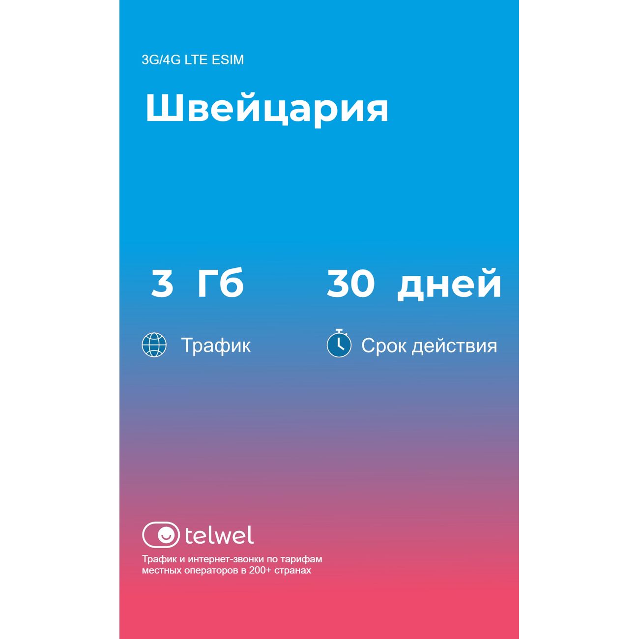 eSIM Telwel пакет Швейцария 3Гб 30 дней
