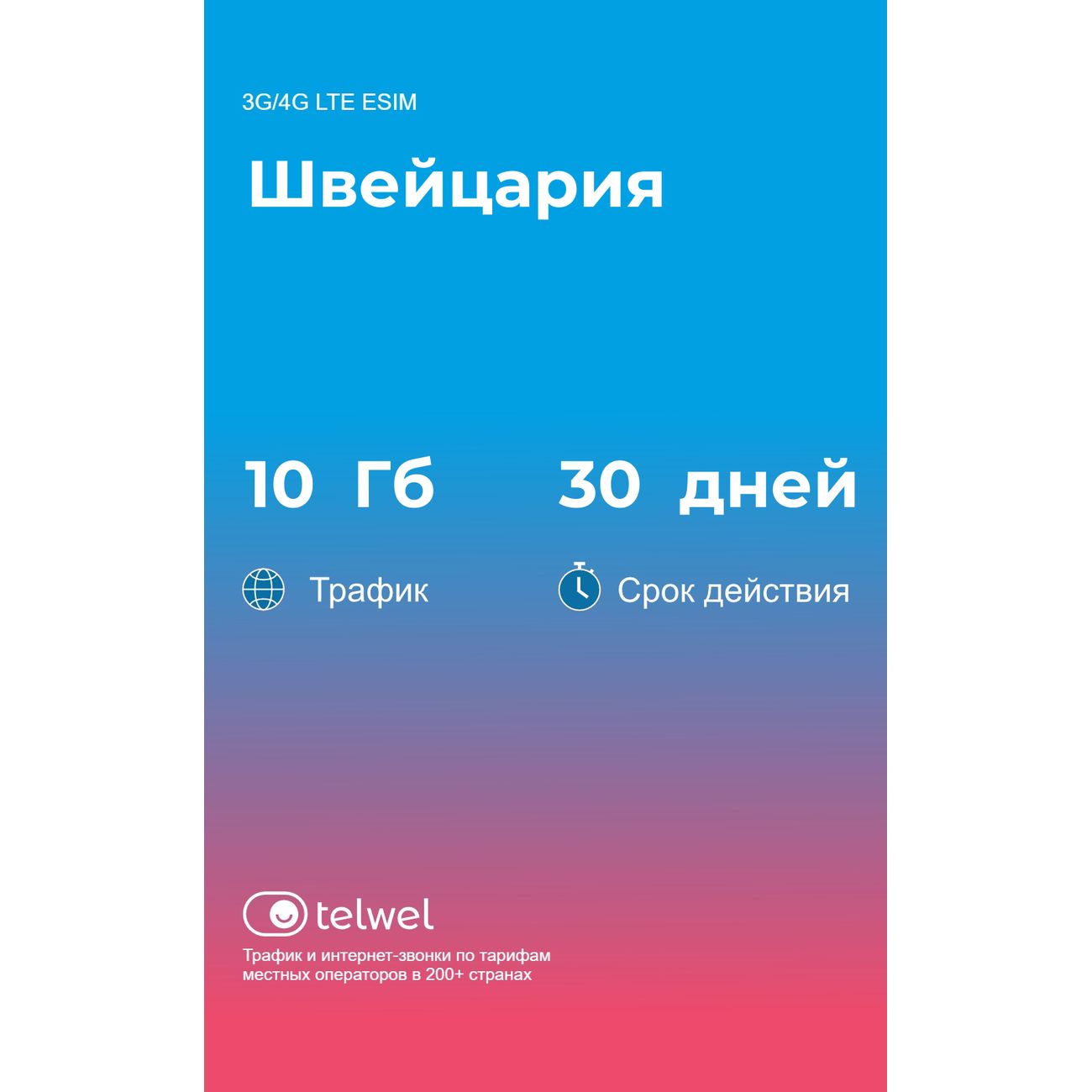 eSIM Telwel пакет Швейцария 10Гб 30 дней