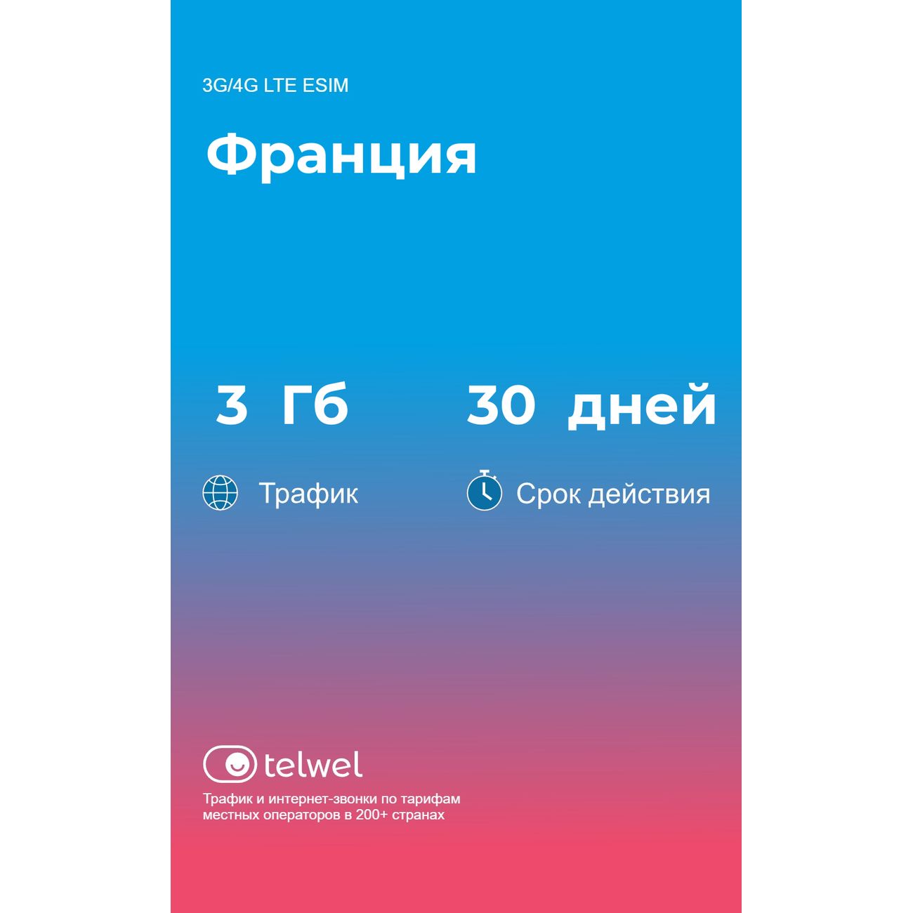 eSIM Telwel пакет Франция 3Гб 30 дней