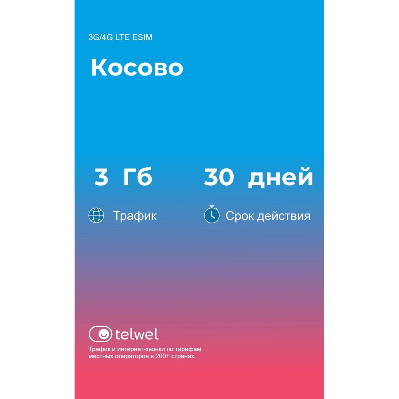 eSIM Telwel пакет Косово 3Гб 30 дней
