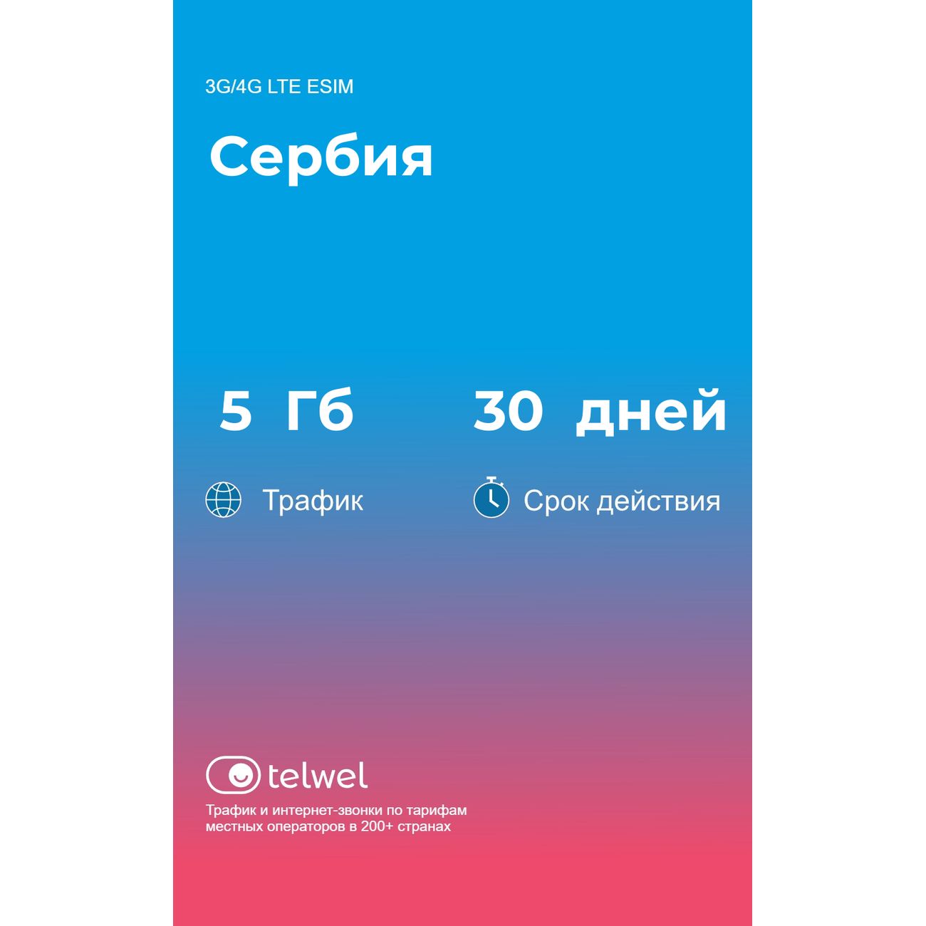 eSIM Telwel пакет Сербия 5Гб 30 дней