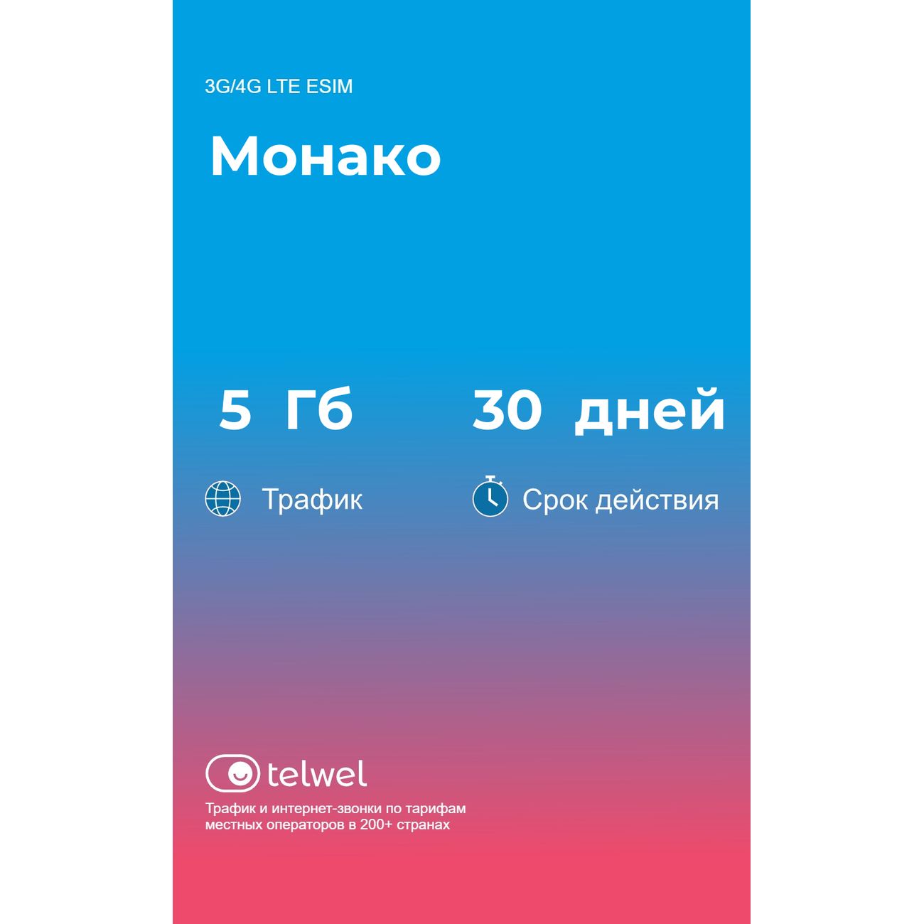 eSIM Telwel пакет Монако 5Гб 30 дней