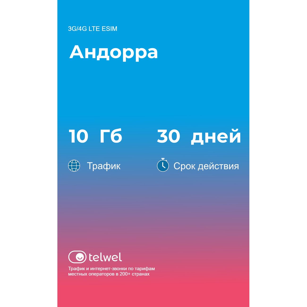 eSIM Telwel пакет Андорра 10Гб 30 дней