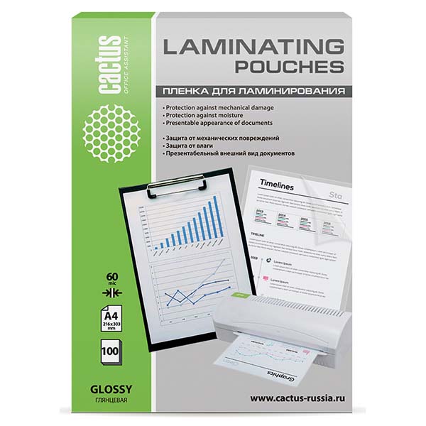 Плёнка для ламинирования Cactus 216x303мм 60мкм глянцевая 100шт. (CS-LPGA460100)
